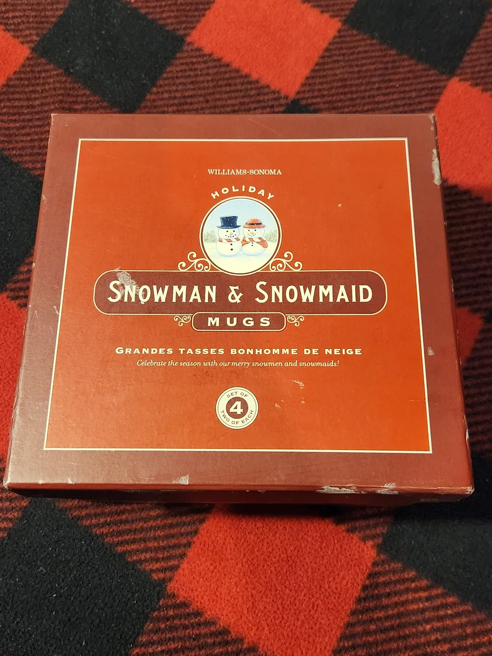 Williams Sonoma Holiday Snowman & Snowmaid Red Mug Set